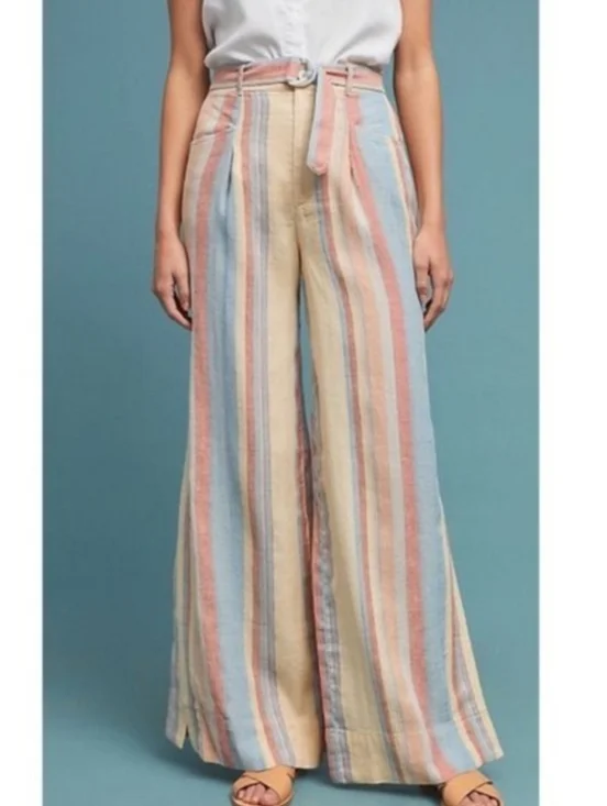 NWT Anthropologie Beachy Wide-Leg Pants w Belt Size 4 Yellow Blue Linen Pockets - Picture 4 of 16
